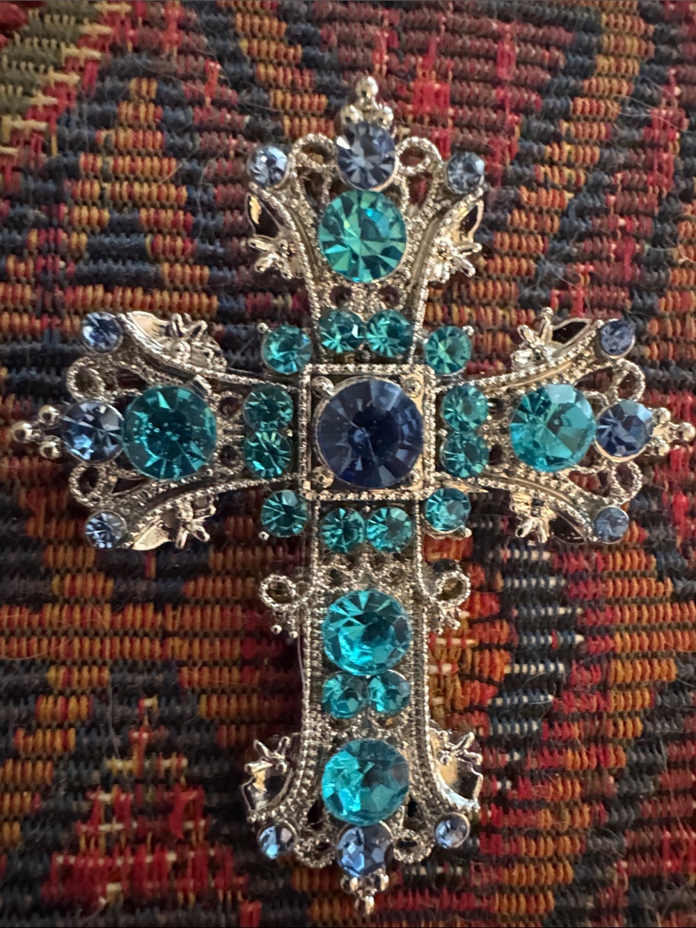 NWOT Rhinestone Cross Brooch in Teal and Blue